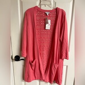 NWT Joan Rivers Pink 3/4 Sleeve Boyfriend Cardigan With Crochet aback Size 1X